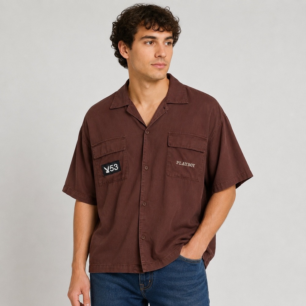 Playboy by PacSun Mens Medium Brown Lyocell Short Sleeve Button Down Shirt 53‎